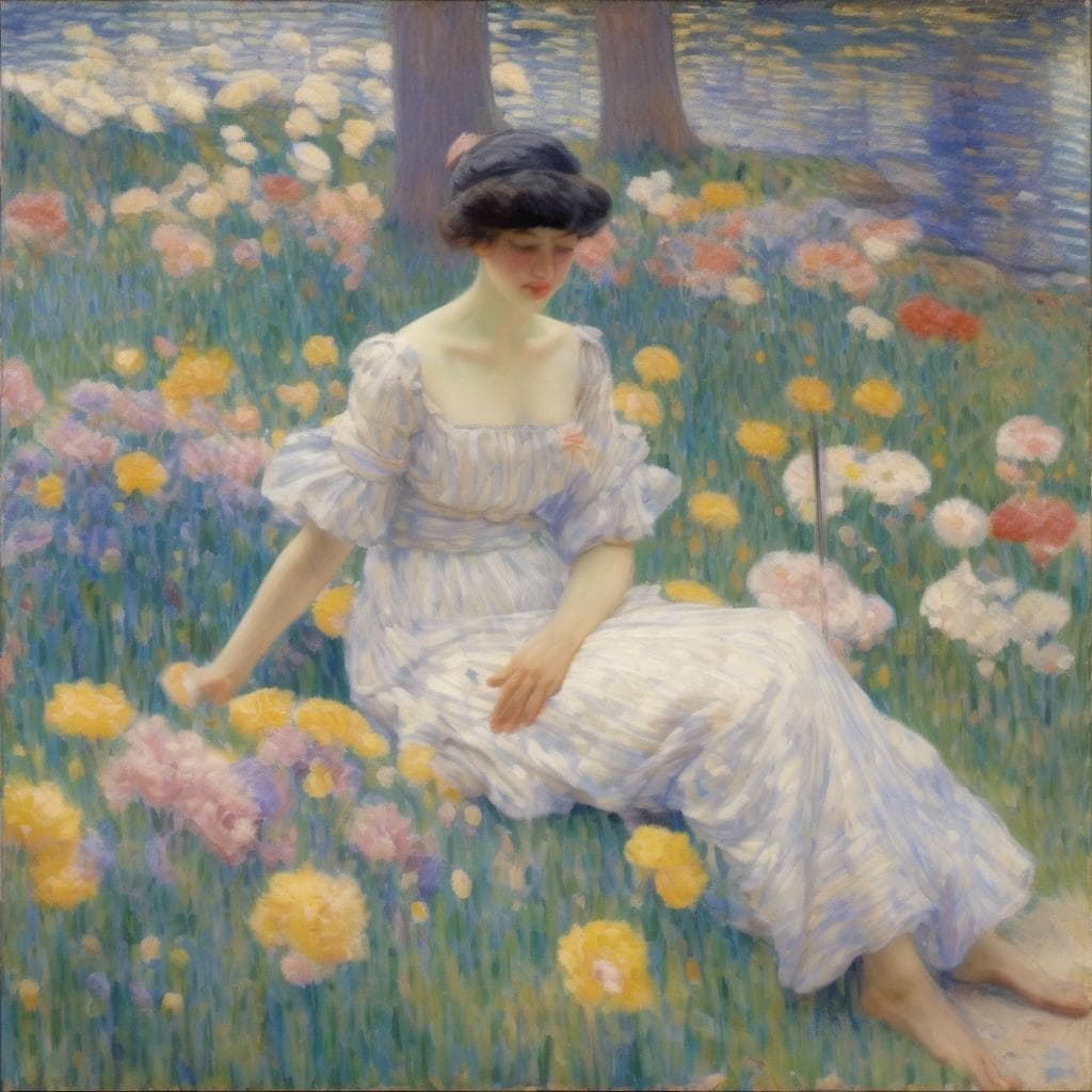 Λευκή γυμνή γυναίκα σε λιμνοθάλασσα με πολύχρωμα λουλούδια και δέντρα, εμπνευσμένη από σύγχρονη τέχνη και νέες τάσεις στη ζωγραφική.