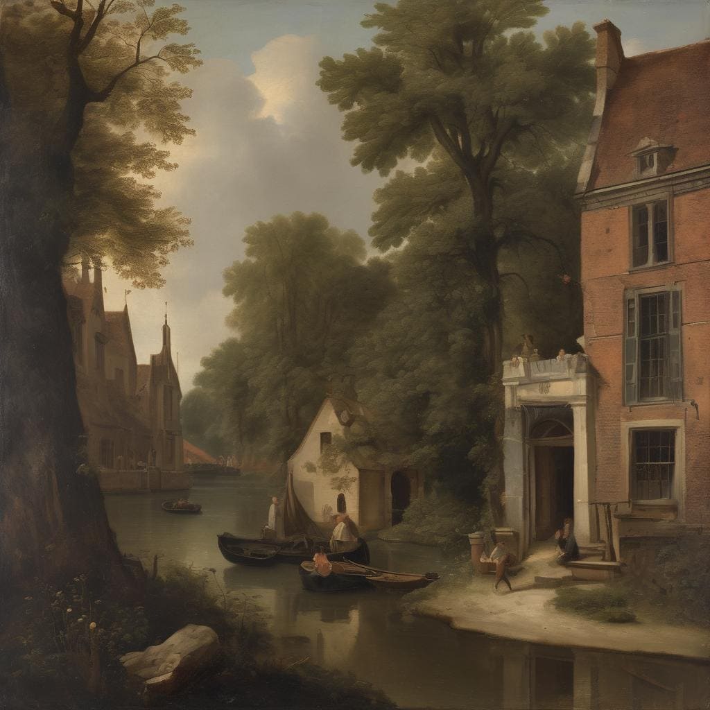 Φωτογραφία παλαιού τοπίου με ήρεμο ποτάμι, βάρκες και παραδοσιακά σπίτια, εικόνα από την ιστορία της τέχνης.