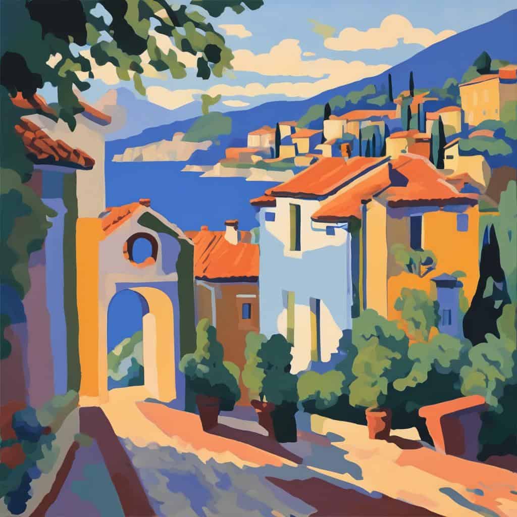 Ζωγραφική σύγχρονης τέχνης με τοπική ελκυστική αρχιτεκτονική και τάσεις στην σύγχρονη τέχνη.